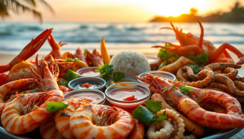 A beautifully arranged platter of Indonesian seafood, featuring a variety of fresh catches such as grilled shrimp, spicy crab, and fried calamari, garnished with vibrant herbs and tropical fruits. In the foreground, display the seafood prominently with intricate details like the grill marks on the shrimp and the glistening texture of the crab. In the middle, incorporate a colorful assortment of dipping sauces and a side of fragrant rice, enhancing the culinary appeal. The background should depict a serene beach setting at sunset, with gentle waves and palm trees, creating a warm, inviting atmosphere. Soft golden lighting highlights the colors of the food, captured with a shallow depth of field for an elegant focus. The overall mood is one of culinary delight and tropical paradise. A beautifully arranged platter of Indonesian seafood, featuring a variety of fresh catches such as grilled shrimp, spicy crab, and fried calamari, garnished with vibrant herbs and tropical fruits. In the foreground, display the seafood prominently with intricate details like the grill marks on the shrimp and the glistening texture of the crab. In the middle, incorporate a colorful assortment of dipping sauces and a side of fragrant rice, enhancing the culinary appeal. The background should depict a serene beach setting at sunset, with gentle waves and palm trees, creating a warm, inviting atmosphere. Soft golden lighting highlights the colors of the food, captured with a shallow depth of field for an elegant focus. The overall mood is one of culinary delight and tropical paradise.