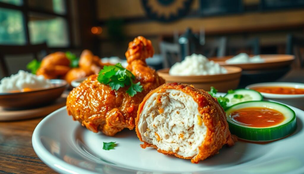 A beautifully plated serving of juicy, golden-brown Ayam Goreng, garnished with vibrant green herbs and a side of fresh cucumber slices and spicy sambal. The crispy, glistening exterior of the chicken reveals a succulent interior, showcasing its mouth-watering texture. The foreground highlights the chicken prominently, while in the middle ground, a traditional Indonesian dining setup adds cultural context with a rustic wooden table adorned with rice and other side dishes. The background features soft, warm lighting that evokes a welcoming, homey atmosphere. The scene is shot at eye level with a shallow depth of field, enhancing the focus on the Ayam Goreng, creating a deliciously inviting mood that makes the dish irresistible. A beautifully plated serving of juicy, golden-brown Ayam Goreng, garnished with vibrant green herbs and a side of fresh cucumber slices and spicy sambal. The crispy, glistening exterior of the chicken reveals a succulent interior, showcasing its mouth-watering texture. The foreground highlights the chicken prominently, while in the middle ground, a traditional Indonesian dining setup adds cultural context with a rustic wooden table adorned with rice and other side dishes. The background features soft, warm lighting that evokes a welcoming, homey atmosphere. The scene is shot at eye level with a shallow depth of field, enhancing the focus on the Ayam Goreng, creating a deliciously inviting mood that makes the dish irresistible.