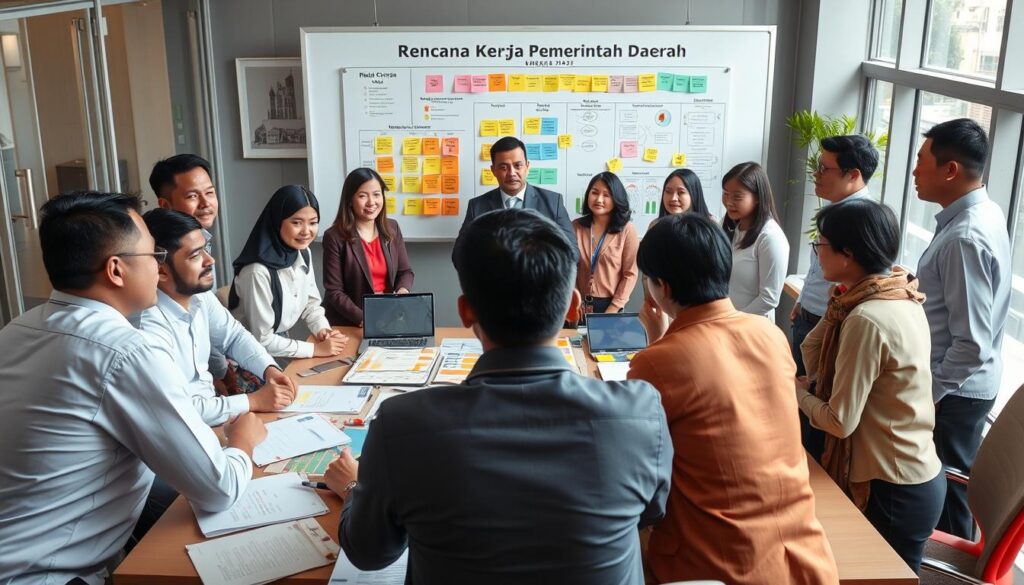 A detailed scene illustrating a "Rencana Kerja Pemerintah Daerah" (RKPD) in action. In the foreground, a diverse group of professionals in business attire, including men and women, is gathered around a large table filled with documents, laptops, and colorful charts. Their expressions convey collaboration and determination. In the middle ground, a large whiteboard displays a strategic plan with colorful post-it notes and diagrams, representing government policies and local development ideas. The background features a modern office setting with large windows allowing natural light to filter through, creating a bright and productive atmosphere. The overall mood is one of focus and ambition, captured from a slightly elevated angle for a comprehensive view of the teamwork and planning process. A detailed scene illustrating a "Rencana Kerja Pemerintah Daerah" (RKPD) in action. In the foreground, a diverse group of professionals in business attire, including men and women, is gathered around a large table filled with documents, laptops, and colorful charts. Their expressions convey collaboration and determination. In the middle ground, a large whiteboard displays a strategic plan with colorful post-it notes and diagrams, representing government policies and local development ideas. The background features a modern office setting with large windows allowing natural light to filter through, creating a bright and productive atmosphere. The overall mood is one of focus and ambition, captured from a slightly elevated angle for a comprehensive view of the teamwork and planning process.