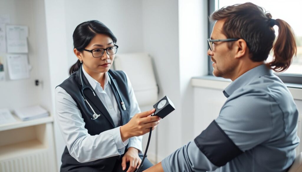 A medical professional, dressed in smart business attire, is examining a patient in a well-lit clinic setting. In the foreground, the doctor, a middle-aged Asian woman with glasses, is using a sphygmomanometer to measure the patient's blood pressure. The middle layer features the patient, a young Caucasian male sitting on the examination table, looking slightly concerned yet attentive. In the background, medical charts and tools are neatly arranged, conveying a sense of order and professionalism. Soft, natural light filters through a window, creating a calm and reassuring atmosphere. The image captures the seriousness of hypertension diagnosis while instilling a sense of hope and care in the healthcare environment.