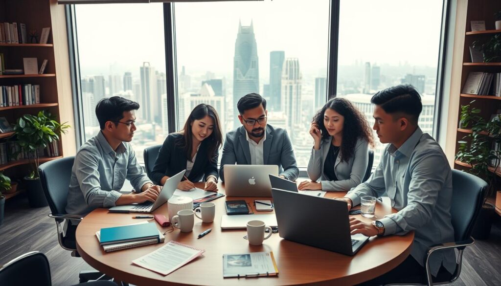 A modern office scene depicting promising business service opportunities in Indonesia. In the foreground, a diverse group of three professionals, dressed in smart casual attire, are engaged in a brainstorming session around a circular table littered with laptops, notepads, and coffee cups. Their focused expressions convey collaboration and innovation. In the middle ground, a large window showcases a bustling cityscape, signifying growth and opportunity. Soft natural light pours in, illuminating the workspace. The background features shelves filled with business books and plants, creating a motivational environment. The overall mood is dynamic and aspirational, reflecting the potential in the service industry for beginners. The angle is slightly elevated, providing a comprehensive view of both the team and their vibrant workspace.