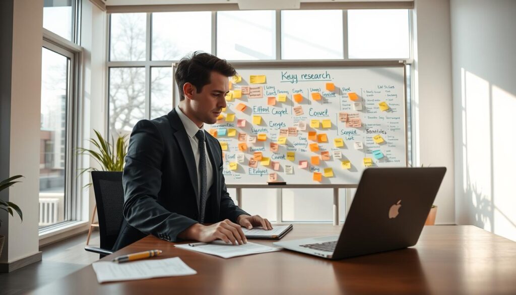 A modern office workspace with a sleek, minimalistic design. In the foreground, a focused professional person in business attire is seated at a desk, surrounded by notes and a laptop displaying graphs and keyword data. The middle section features a large whiteboard filled with colorful sticky notes and keywords, representing the research process. In the background, soft, natural light streams in through large windows, casting gentle shadows and creating an inviting atmosphere. The overall mood is productive and inspiring, emphasizing the importance of keyword and topic research in creating engaging content. The angle captures a wide view of the workspace, highlighting both the professional and creative aspects of the research process.