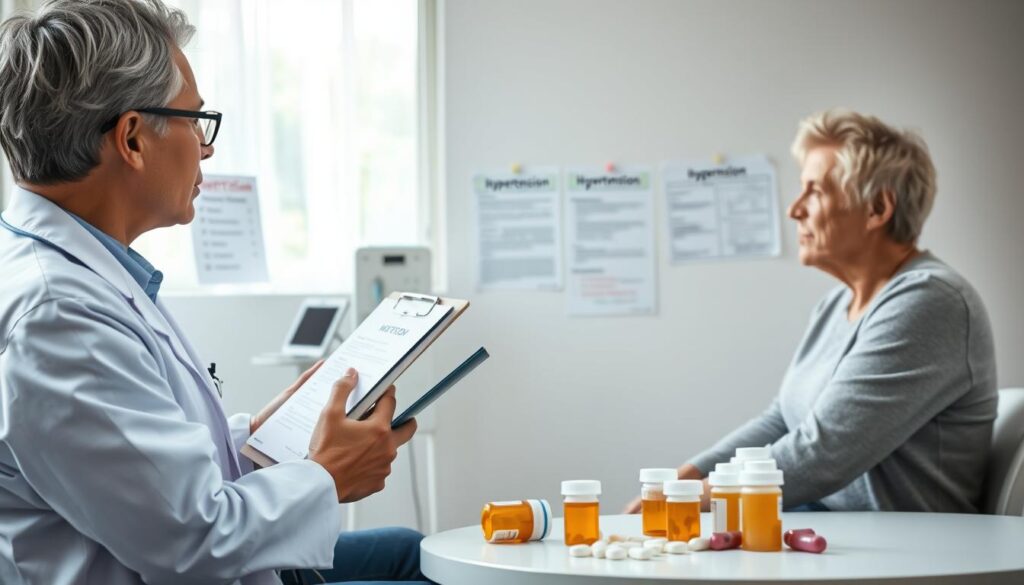 A professional medical setting showcasing the treatment of hypertension. In the foreground, a doctor in a white lab coat, holding a clipboard and discussing with a patient who is seated, dressed in modest casual clothing. The doctor is explaining various medications, visualized as neatly displayed pill bottles on a table nearby. In the middle ground, a blood pressure monitor is prominently featured, symbolizing the monitoring process, while reference charts about hypertension are gently pinned to the wall. The background shows a bright and airy clinic with soft, natural lighting filtering through a window, creating a calm atmosphere. The overall mood should convey professionalism, care, and hope, emphasizing the importance of medical treatment in managing high blood pressure.