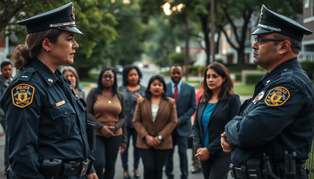 A scene depicting a rapid response from police officers and community leaders in a tense situation. In the foreground, two police officers in professional uniforms, one a woman and the other a man, are conversing earnestly, showcasing determination and readiness. They are surrounded by a small group of concerned community leaders, dressed in smart casual clothing, displaying expressions of concern and collaboration. The middle ground presents a backdrop of a neighborhood street, with a few onlookers remaining at a safe distance, creating an atmosphere of urgency and support. The background features trees and residential buildings, slightly blurred to emphasize the foreground action. The lighting is natural, with soft shadows indicating an early evening setting, casting a serious yet hopeful mood over the scene, captured using a portrait view. A scene depicting a rapid response from police officers and community leaders in a tense situation. In the foreground, two police officers in professional uniforms, one a woman and the other a man, are conversing earnestly, showcasing determination and readiness. They are surrounded by a small group of concerned community leaders, dressed in smart casual clothing, displaying expressions of concern and collaboration. The middle ground presents a backdrop of a neighborhood street, with a few onlookers remaining at a safe distance, creating an atmosphere of urgency and support. The background features trees and residential buildings, slightly blurred to emphasize the foreground action. The lighting is natural, with soft shadows indicating an early evening setting, casting a serious yet hopeful mood over the scene, captured using a portrait view.