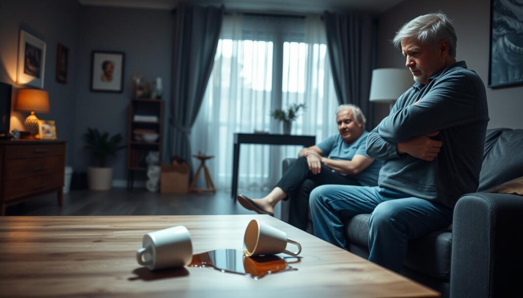 A tense family conflict scene in a modern living room. In the foreground, a distressed young adult in casual clothing stands defiantly, arms crossed, with an intense expression towards an older parent, who is sitting on a couch, visibly worried and pleading. The middle scene captures a spilled coffee cup on a table, symbolizing chaos and emotional turmoil. In the background, a dimly lit room with soft shadows hints at a broken family dynamic, with personal items around, suggesting a once-happy home. The lighting should be dramatic, with strong contrasts creating an atmosphere of tension and uncertainty. The image should evoke a sense of conflict and the potential for a tragic outcome, focusing on emotional intensity. A tense family conflict scene in a modern living room. In the foreground, a distressed young adult in casual clothing stands defiantly, arms crossed, with an intense expression towards an older parent, who is sitting on a couch, visibly worried and pleading. The middle scene captures a spilled coffee cup on a table, symbolizing chaos and emotional turmoil. In the background, a dimly lit room with soft shadows hints at a broken family dynamic, with personal items around, suggesting a once-happy home. The lighting should be dramatic, with strong contrasts creating an atmosphere of tension and uncertainty. The image should evoke a sense of conflict and the potential for a tragic outcome, focusing on emotional intensity.