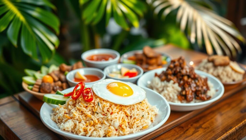 A vibrant and appetizing display of traditional Indonesian nasi dishes artfully arranged on a rustic wooden table. In the foreground, a plate of fragrant nasi goreng topped with a sunny-side-up egg, garnished with fresh cucumber and red chili slices. Beside it, a serving of nasi rendang, rich and tender, and a portion of nasi uduk, steaming with a hint of coconut aroma. In the middle, small bowls filled with colorful side dishes like sambal, pickled vegetables, and fried tempeh add a burst of color. The background features a lush, tropical setting with green leaves softly blurred, creating a warm and inviting atmosphere. The lighting is soft and natural, simulating the glow of an afternoon sun, capturing the essence of Indonesian culinary culture. A vibrant and appetizing display of traditional Indonesian nasi dishes artfully arranged on a rustic wooden table. In the foreground, a plate of fragrant nasi goreng topped with a sunny-side-up egg, garnished with fresh cucumber and red chili slices. Beside it, a serving of nasi rendang, rich and tender, and a portion of nasi uduk, steaming with a hint of coconut aroma. In the middle, small bowls filled with colorful side dishes like sambal, pickled vegetables, and fried tempeh add a burst of color. The background features a lush, tropical setting with green leaves softly blurred, creating a warm and inviting atmosphere. The lighting is soft and natural, simulating the glow of an afternoon sun, capturing the essence of Indonesian culinary culture.