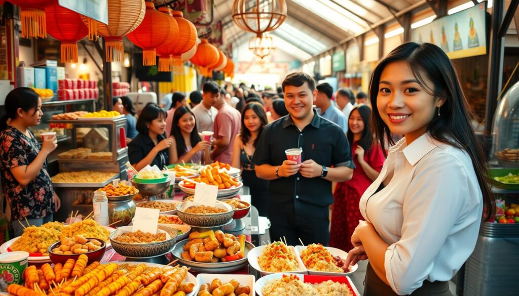 A vibrant food market scene showcasing various culinary business opportunities in Indonesia. In the foreground, a professional-looking woman in a smart casual outfit stands behind a beautifully arranged food stall, displaying colorful local dishes such as nasi goreng, satay, and vibrant desserts. In the middle, a diverse group of customers, including families and young professionals, happily sample food from different stalls, reflecting a sense of community and enjoyment. The background features traditional Indonesian decorations and bustling market activity, with soft golden daylight filtering through, creating a warm and inviting atmosphere. The angle should capture both the food details and the lively interactions among people, instilling a sense of optimism about culinary business ventures. A vibrant food market scene showcasing various culinary business opportunities in Indonesia. In the foreground, a professional-looking woman in a smart casual outfit stands behind a beautifully arranged food stall, displaying colorful local dishes such as nasi goreng, satay, and vibrant desserts. In the middle, a diverse group of customers, including families and young professionals, happily sample food from different stalls, reflecting a sense of community and enjoyment. The background features traditional Indonesian decorations and bustling market activity, with soft golden daylight filtering through, creating a warm and inviting atmosphere. The angle should capture both the food details and the lively interactions among people, instilling a sense of optimism about culinary business ventures.
