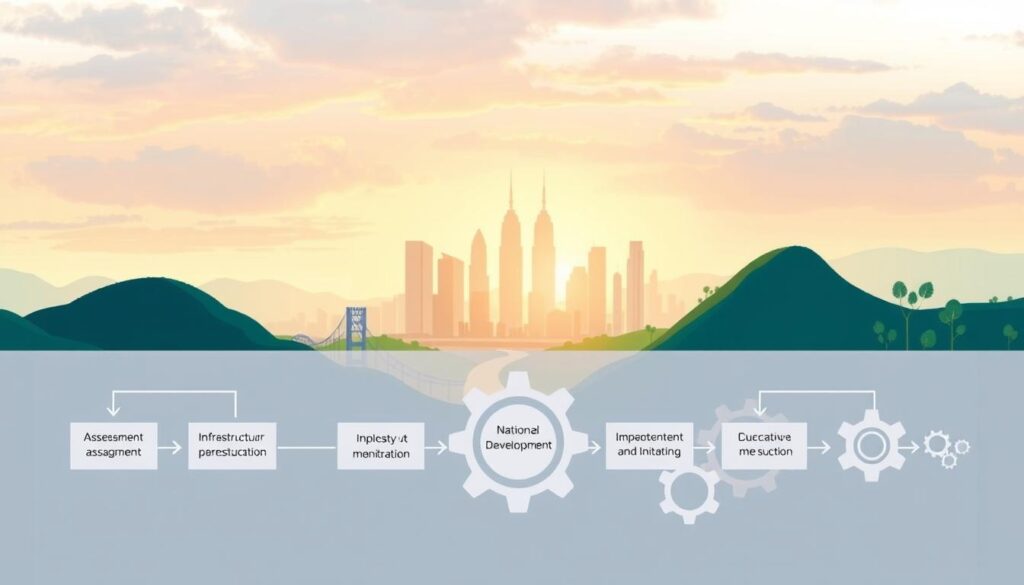 An abstract yet informative illustration of a "National Development Planning Framework," featuring a stylized flowchart in the foreground, symbolizing key stages like assessment, strategy formulation, implementation, and monitoring. In the middle ground, incorporate elements like gears and arrows to depict the interconnectivity of various sectors such as infrastructure, education, and health. The background should feature a vibrant city skyline merging with natural landscapes, illustrating the balance between urban development and sustainability. Use soft, diffused lighting to create a professional atmosphere, and set the scene with a slightly elevated angle to provide depth. The overall mood should convey progress and collaboration, suitable for a formal article context. An abstract yet informative illustration of a "National Development Planning Framework," featuring a stylized flowchart in the foreground, symbolizing key stages like assessment, strategy formulation, implementation, and monitoring. In the middle ground, incorporate elements like gears and arrows to depict the interconnectivity of various sectors such as infrastructure, education, and health. The background should feature a vibrant city skyline merging with natural landscapes, illustrating the balance between urban development and sustainability. Use soft, diffused lighting to create a professional atmosphere, and set the scene with a slightly elevated angle to provide depth. The overall mood should convey progress and collaboration, suitable for a formal article context.