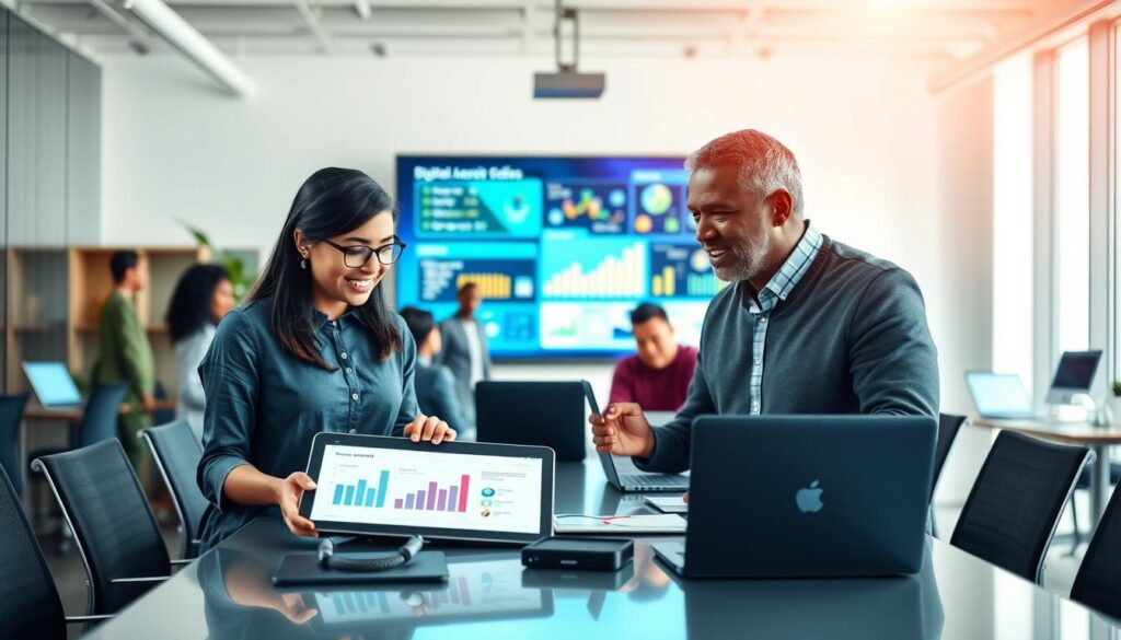 A modern office environment filled with diverse professionals, focused on enhancing digital literacy. In the foreground, a young woman of Asian descent and a middle-aged man of Black descent are engaged in an animated discussion over a digital tablet, showcasing graphs and infographics. The middle layer features a sleek conference table adorned with laptops and digital devices, symbolizing technology's role in education. In the background, a large screen displays vibrant visuals of digital learning modules and data analytics, bathed in soft, natural lighting that encourages teamwork and innovation. The atmosphere is dynamic and optimistic, reflecting collaboration and forward-thinking solutions to meet challenges in the digital age. The composition captures a sense of progress and empowerment in navigating technology. A modern office environment filled with diverse professionals, focused on enhancing digital literacy. In the foreground, a young woman of Asian descent and a middle-aged man of Black descent are engaged in an animated discussion over a digital tablet, showcasing graphs and infographics. The middle layer features a sleek conference table adorned with laptops and digital devices, symbolizing technology's role in education. In the background, a large screen displays vibrant visuals of digital learning modules and data analytics, bathed in soft, natural lighting that encourages teamwork and innovation. The atmosphere is dynamic and optimistic, reflecting collaboration and forward-thinking solutions to meet challenges in the digital age. The composition captures a sense of progress and empowerment in navigating technology.