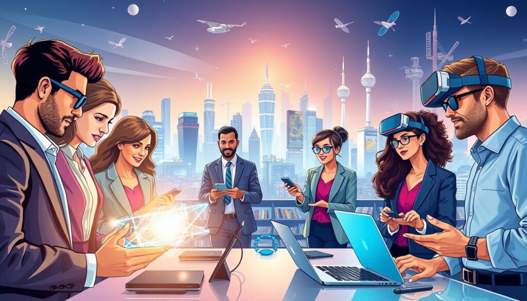 A vibrant and dynamic illustration representing the evolution of digital communication. In the foreground, diverse professionals of varying ethnicities, dressed in smart business attire, engage with futuristic tech devices like holographic screens and virtual reality headsets, showcasing collaboration and innovation. The middle ground features a modern, tech-savvy workspace filled with sleek gadgets, laptops, and connected devices, symbolizing the rapid technological advances driving this transformation. In the background, a cityscape illuminated by digital billboards and satellite towers conveys a thriving, interconnected urban environment. The lighting is bright and inviting, creating a sense of optimism and progress. The composition captures a mood of excitement and forward-thinking, emphasizing the critical role technology plays in shaping communication in the digital age. A vibrant and dynamic illustration representing the evolution of digital communication. In the foreground, diverse professionals of varying ethnicities, dressed in smart business attire, engage with futuristic tech devices like holographic screens and virtual reality headsets, showcasing collaboration and innovation. The middle ground features a modern, tech-savvy workspace filled with sleek gadgets, laptops, and connected devices, symbolizing the rapid technological advances driving this transformation. In the background, a cityscape illuminated by digital billboards and satellite towers conveys a thriving, interconnected urban environment. The lighting is bright and inviting, creating a sense of optimism and progress. The composition captures a mood of excitement and forward-thinking, emphasizing the critical role technology plays in shaping communication in the digital age.